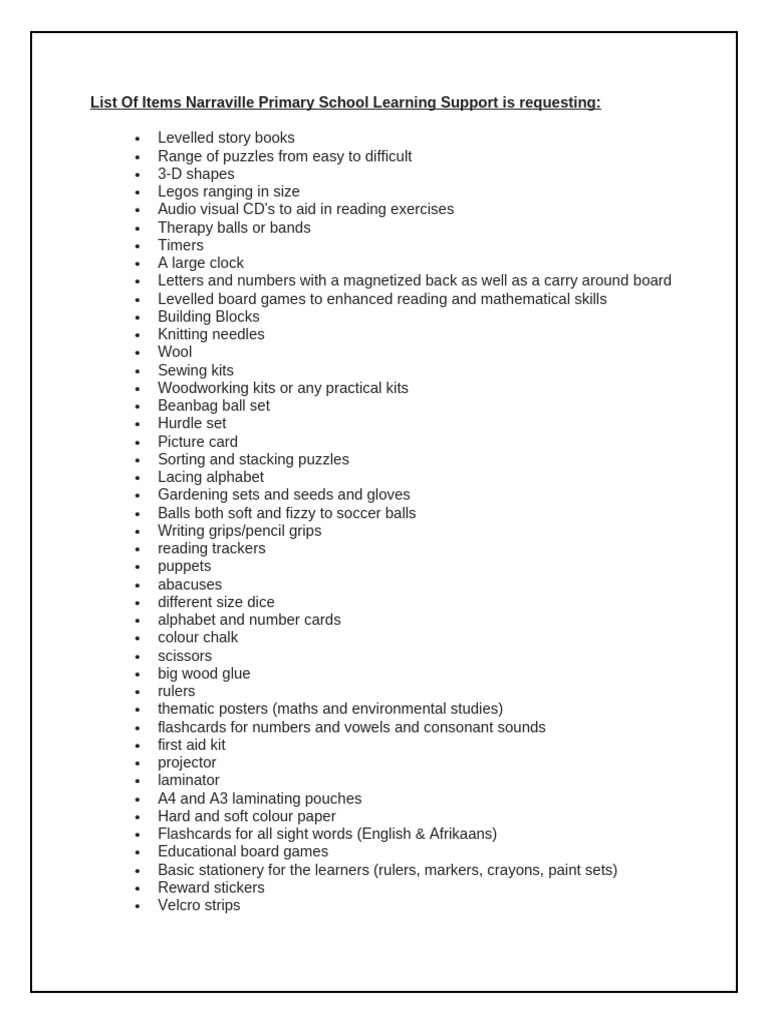 Learning Support Supplies List | PDF