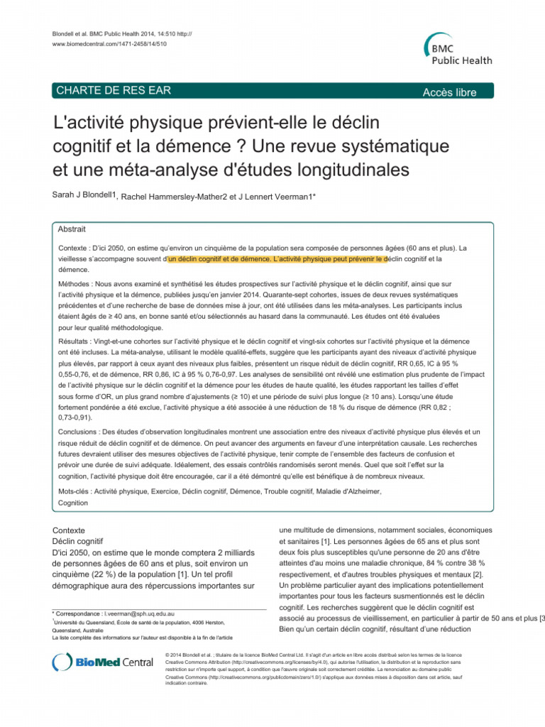 Activité physique et déclin cognitif | PDF | Démence | Maladie d'Alzheimer
