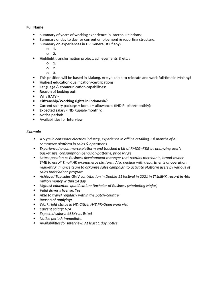 Screening Questions - IR & ER Executive | PDF