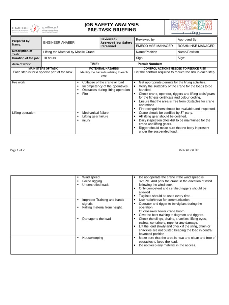 Job Safety Analysis for Crane Lifting | PDF | Crane (Machine) | Safety
