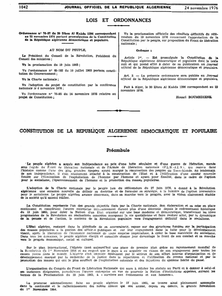 Promulgation de la Constitution algérienne | PDF | État | Socialisme