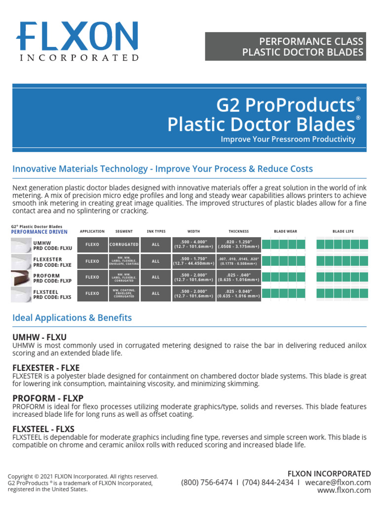 FLXON G2 Plastic Doctor Blades Selection Guide | PDF | Graphic Design ...