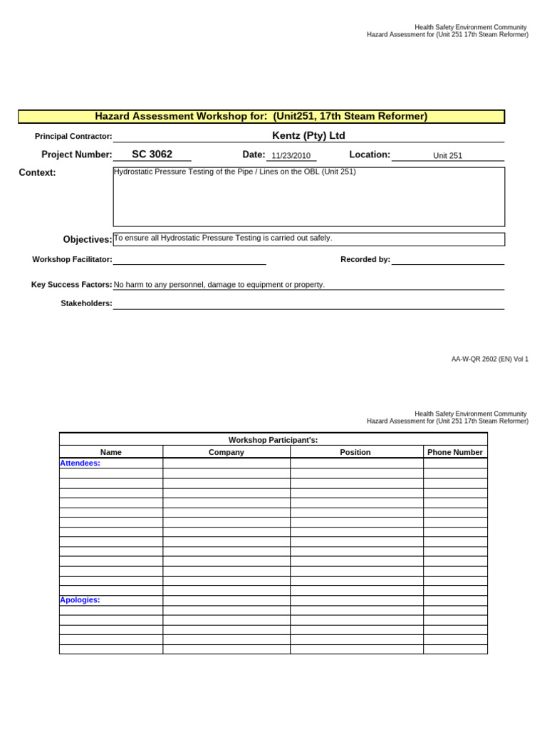 Risk Ass For Hydrostatic Pressure Testing | PDF | Calibration | Risk