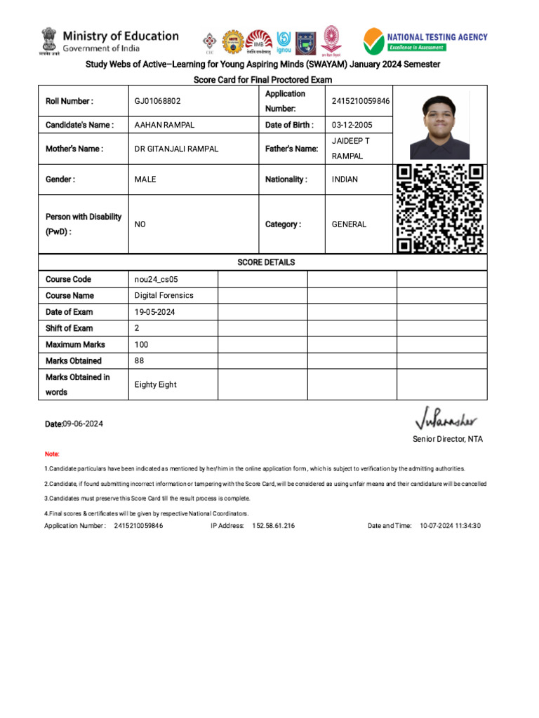 SWAYAM Digital Forensics Exam Score Card | PDF