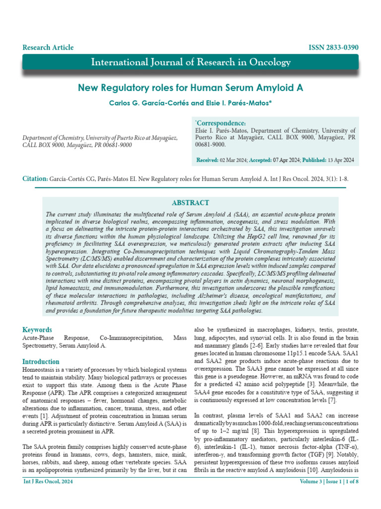 New Regulatory Roles For Human Serum Amyloid A | PDF | Proteins ...