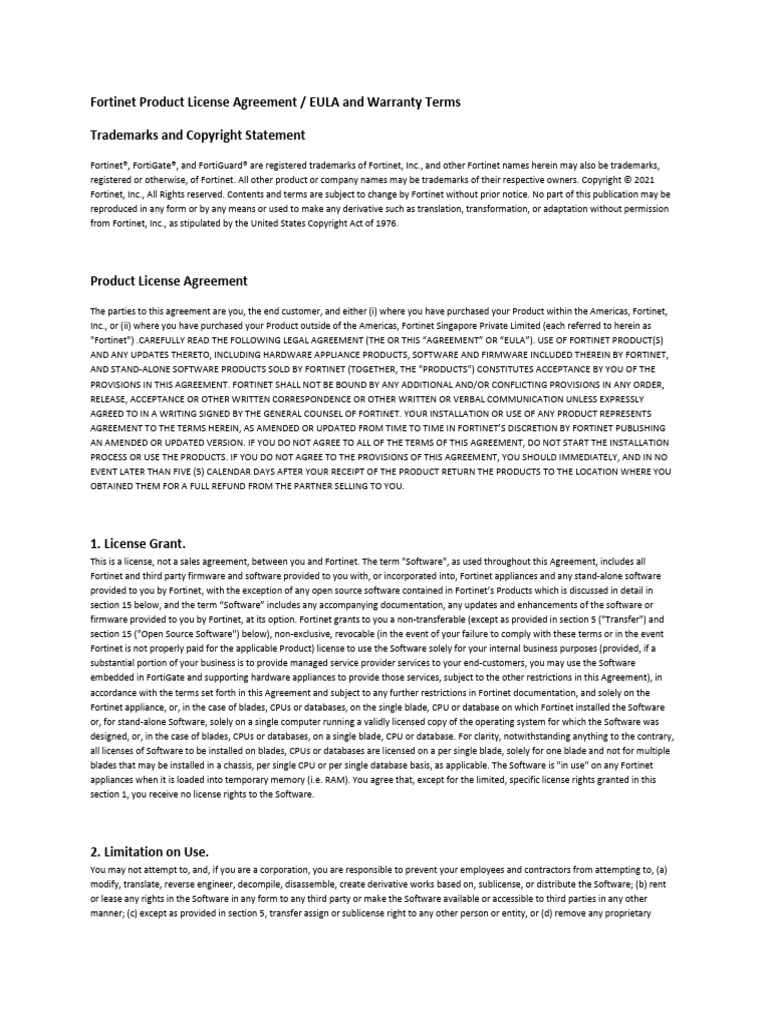 Fortinet Product License Agreement / EULA and Warranty Terms | PDF ...