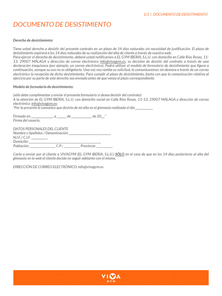 Desistimiento de Contrato en VivaGym | PDF
