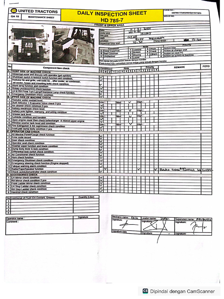 Daily Inspection Sheet HD 785-7 | PDF