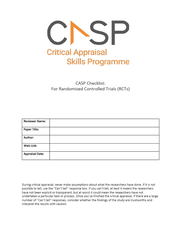 CASP RCT Checklist for Critical Appraisal | PDF | Randomized Controlled ...