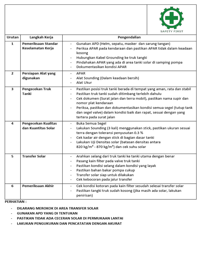 Prosedur Pengisian Solar Aman | PDF