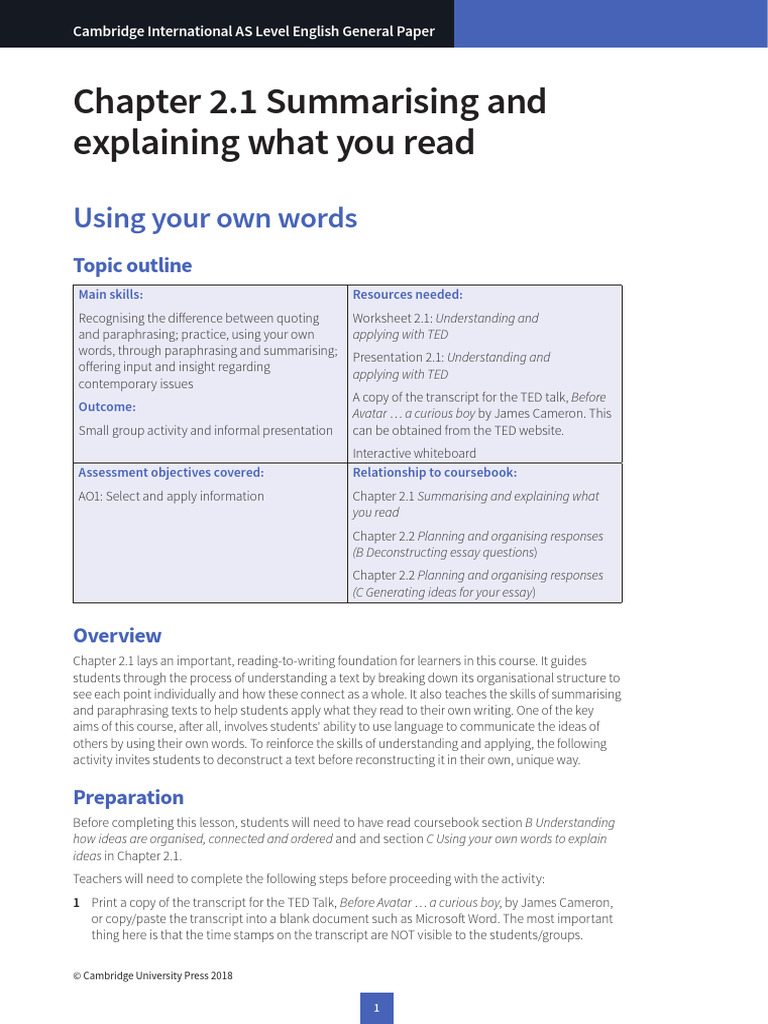 Lessonplan 2 1 Summarising Explaining ASAL General Paper | PDF | Speech ...