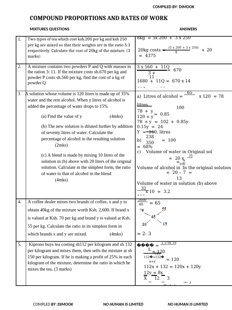 Mixture and Rate Problems Solutions | PDF | Percentage