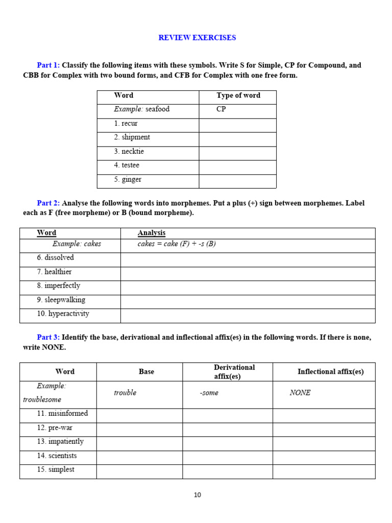 Review Exercises - Morphology | PDF | Language Arts & Discipline