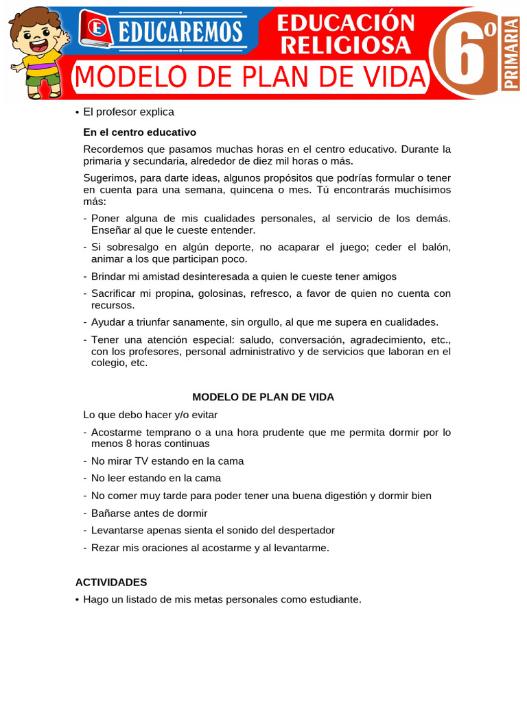 Modelo de Plan de Vida para Sexto Grado de Primaria | PDF