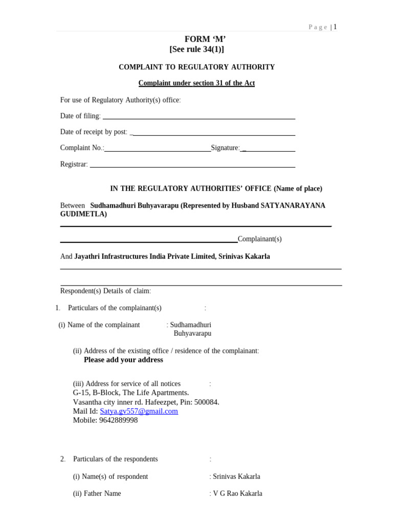 RERA Form M Complaint Submission | PDF | Complaint | Banks