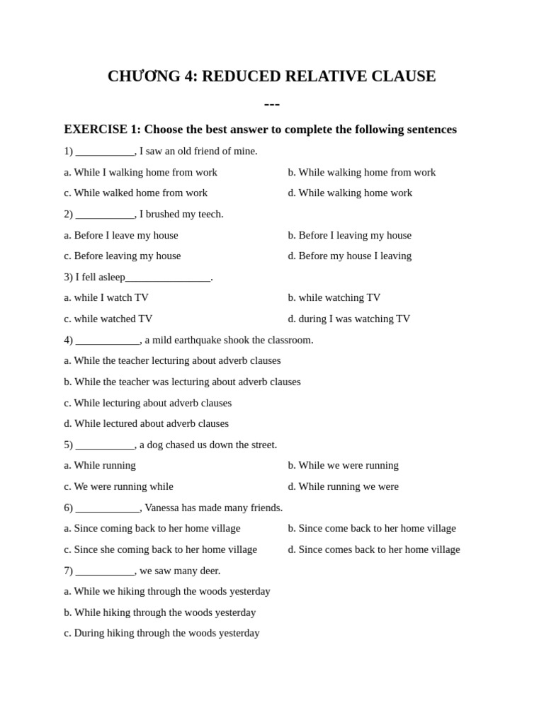 Reduced Relative Clause Exercises | PDF