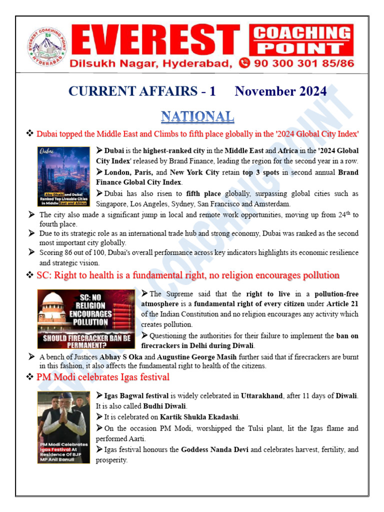 Current Affairs Highlights: November 2024 | PDF | Travel