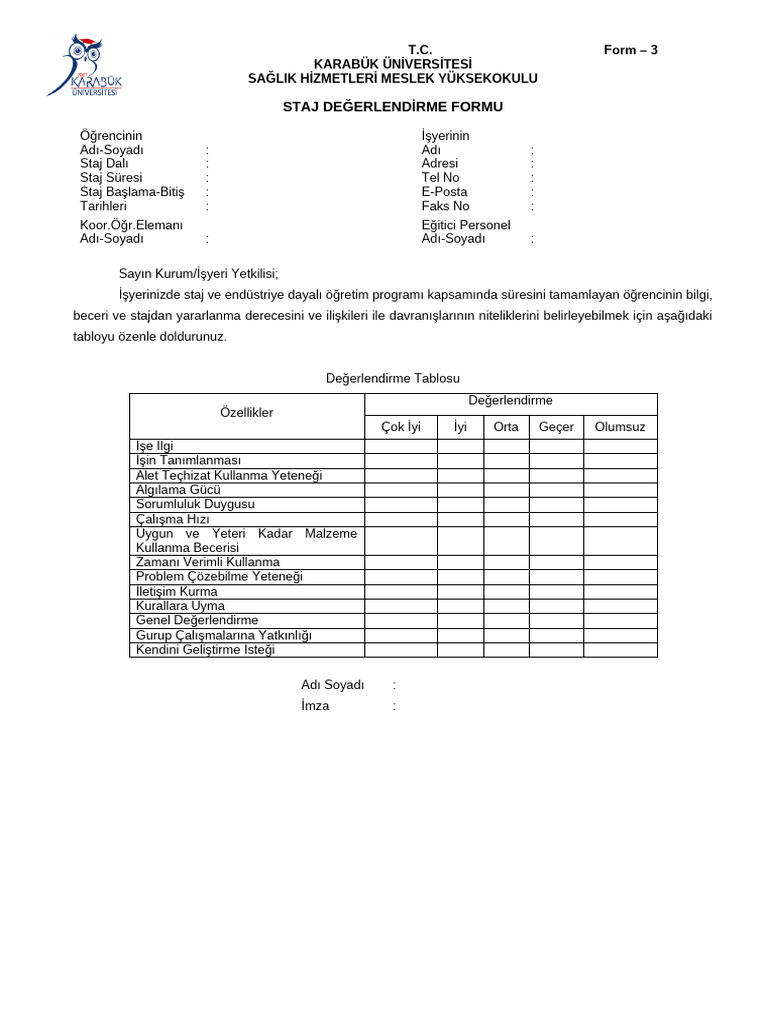 Staj Değerlendirme Formu: T.C. Form - 3 Karabük Üniversitesi Sağlik ...