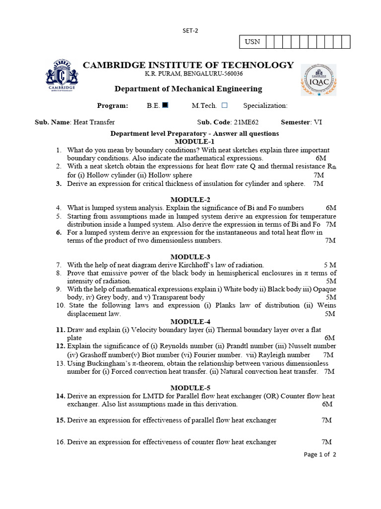 Dept Prep HMT QP 1 | PDF | Heat Transfer | Process Engineering