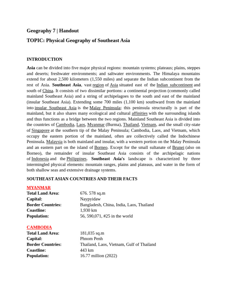 Southeast Asia Physical Geography Overview | PDF | Southeast Asia | Asia