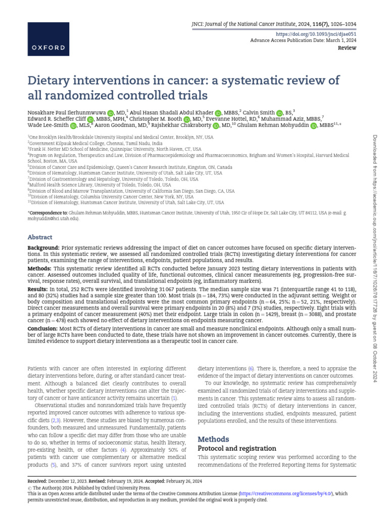 Dietary Interventions in Cancer-2024 Review | PDF | Randomized ...