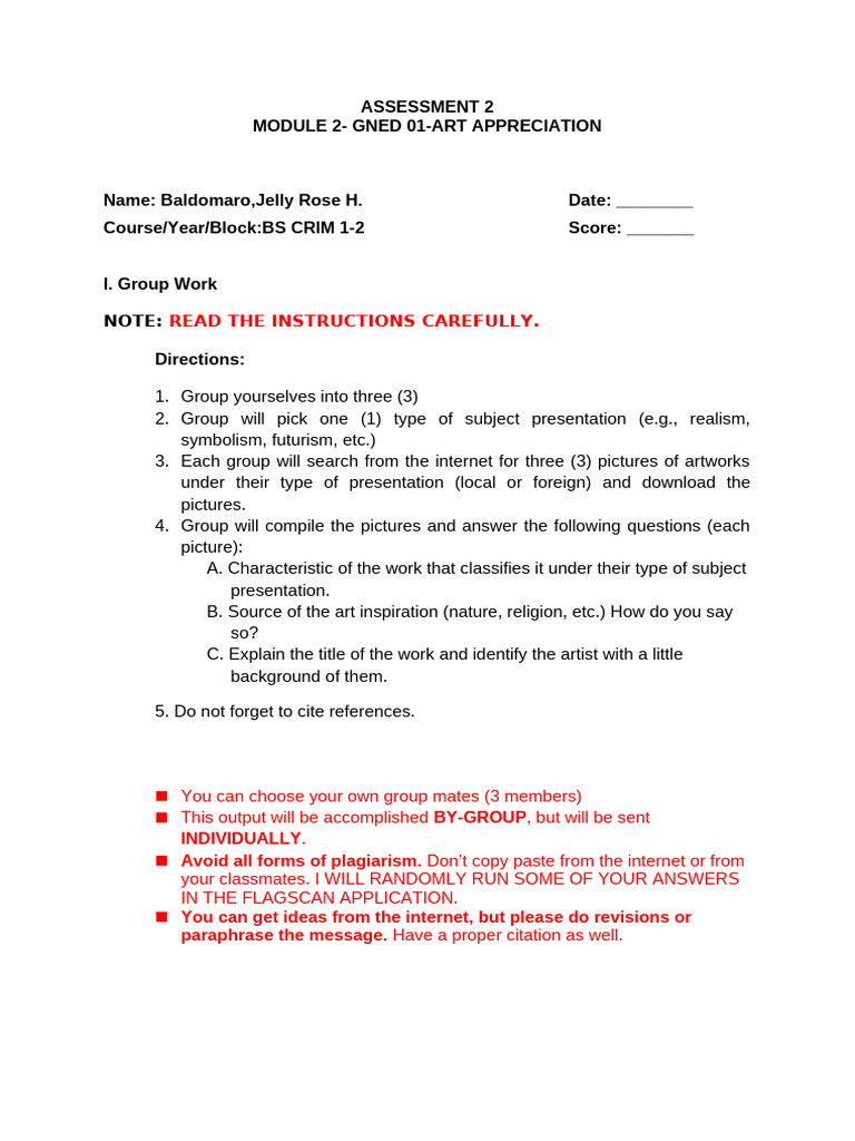 Art Appreciation Assessment Tasks | PDF