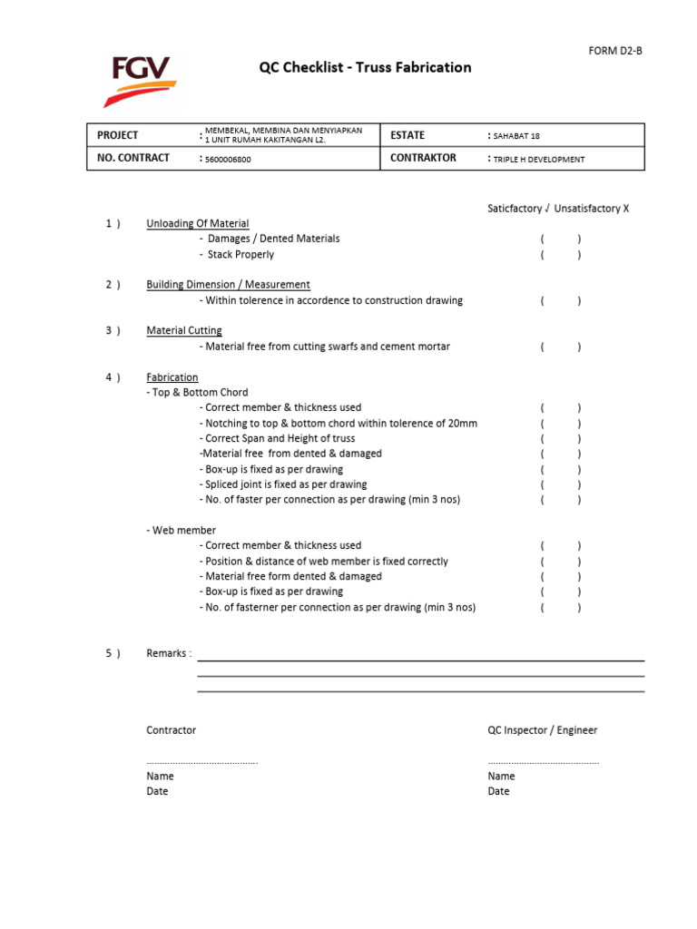 Truss Fabrication QC Checklist | PDF | Truss | Structural Engineering
