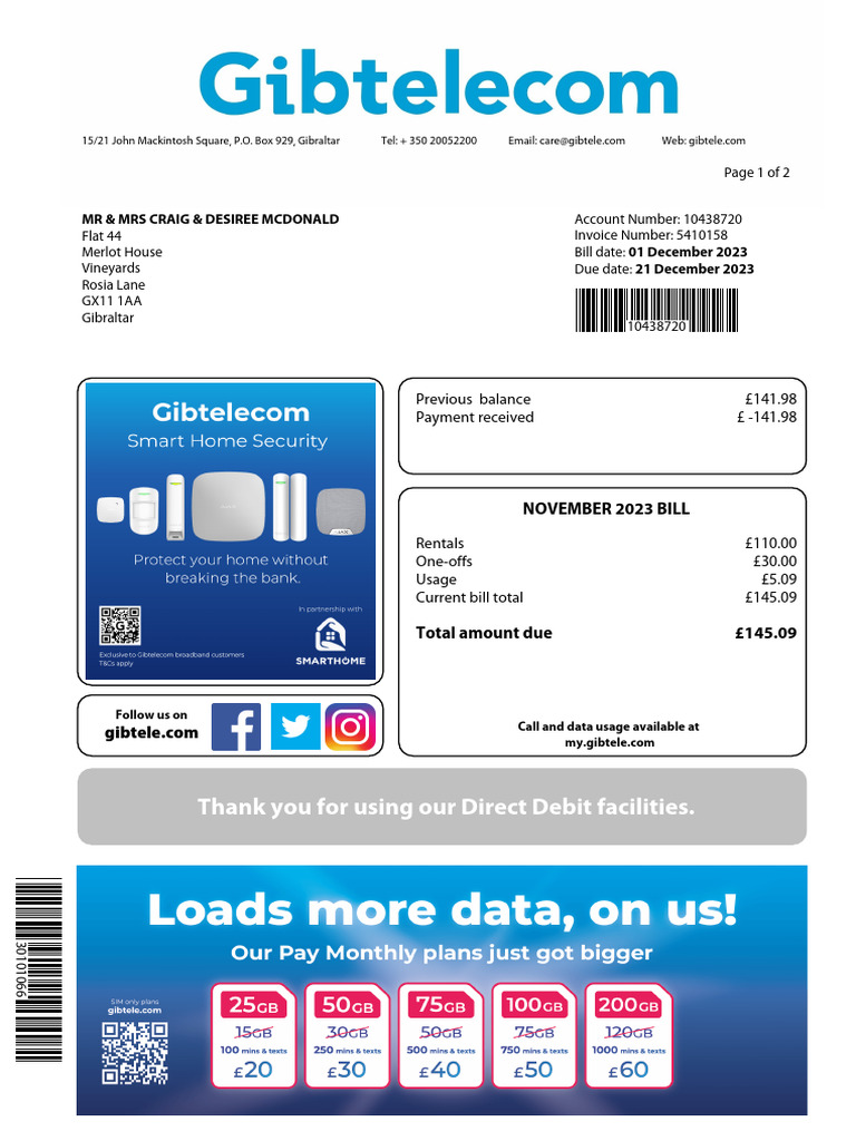 Gibraltar Telecom Invoice Summary | PDF | Service Industries ...