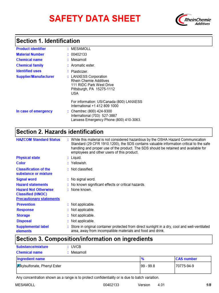 Mesamoll Safety Data Sheet Overview | PDF | Toxicity | Dangerous Goods