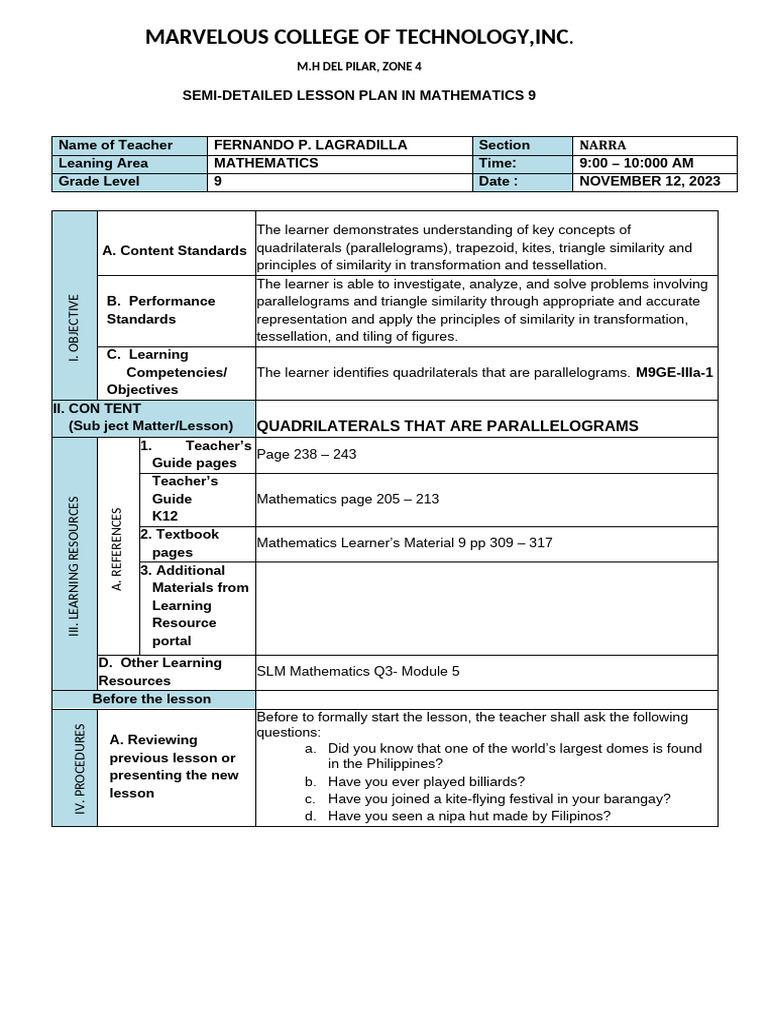 Lesson Plan Format BTVTED | PDF | Euclidean Geometry | Elementary Geometry