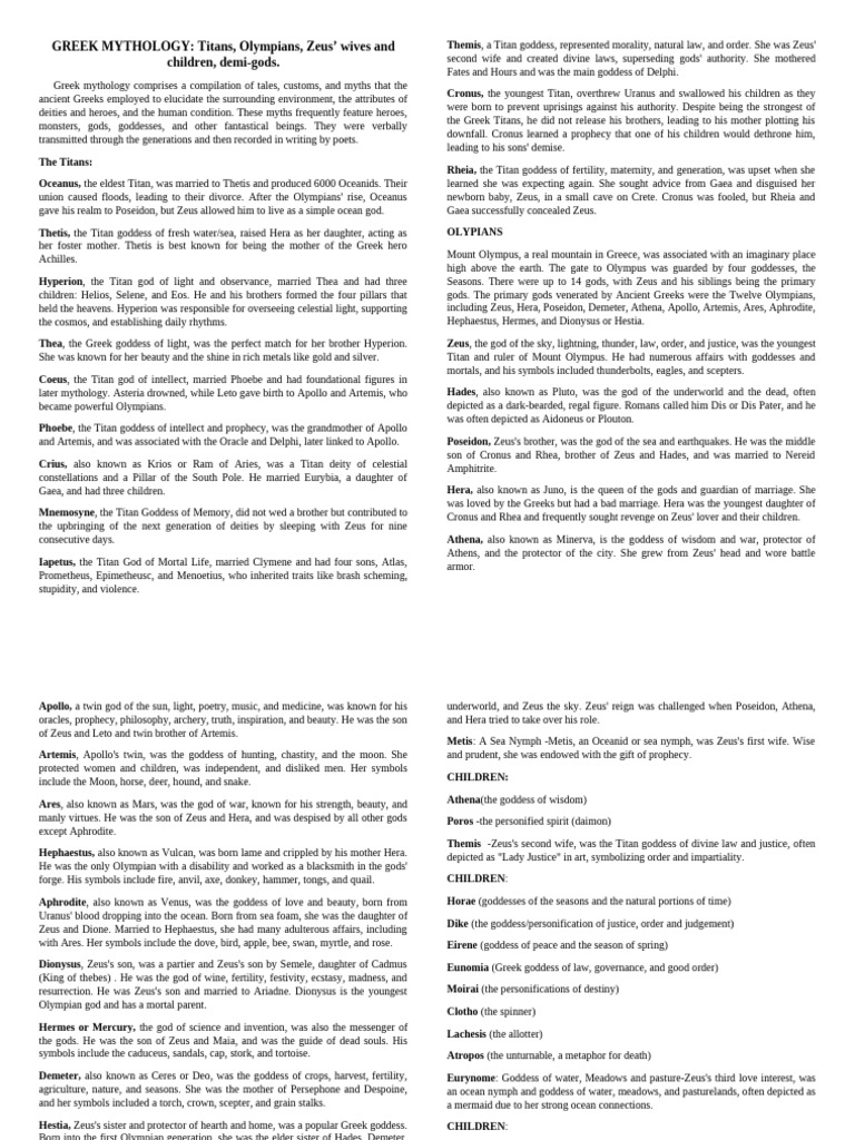 Mythology And Folklore Pdf Zeus Twelve Olympians