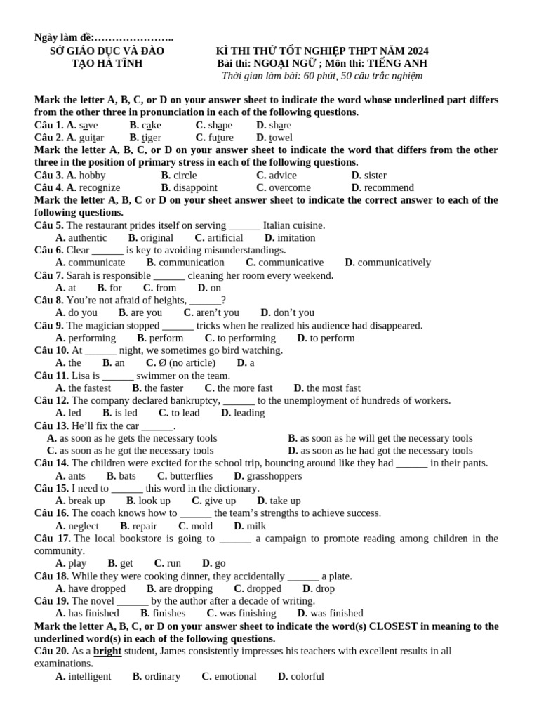 DethithuTNTHPT2024TiengAnhSoGDHaTinh PDF Agriculture