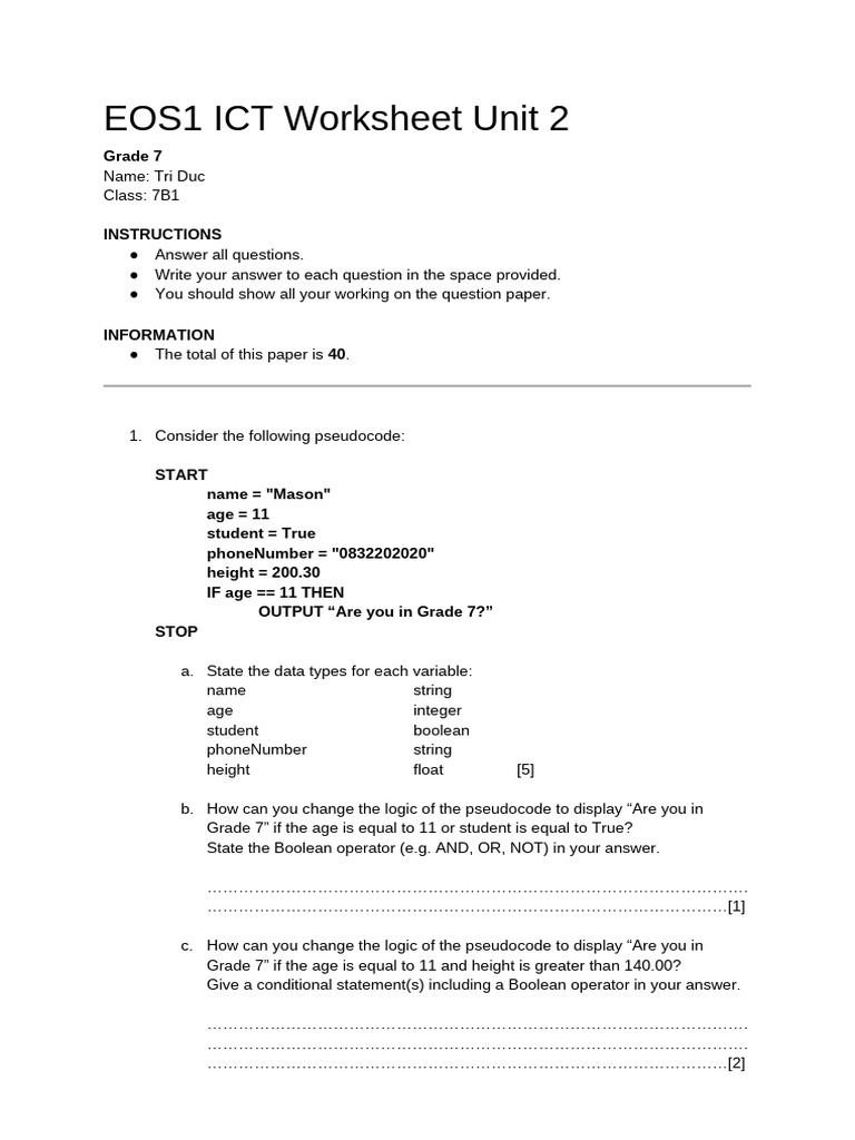 Grade 7 ICT Based On EOS1 Worksheet Unit 2 | PDF | Boolean Data Type ...