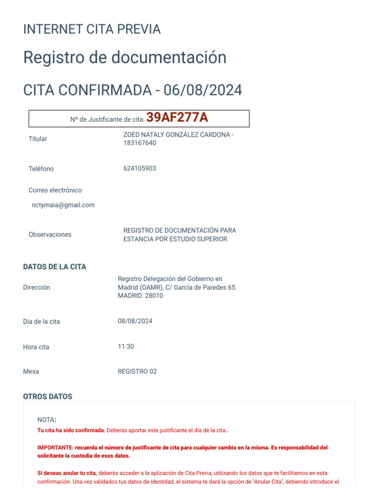 Confirmación Cita Registro Documentación | PDF