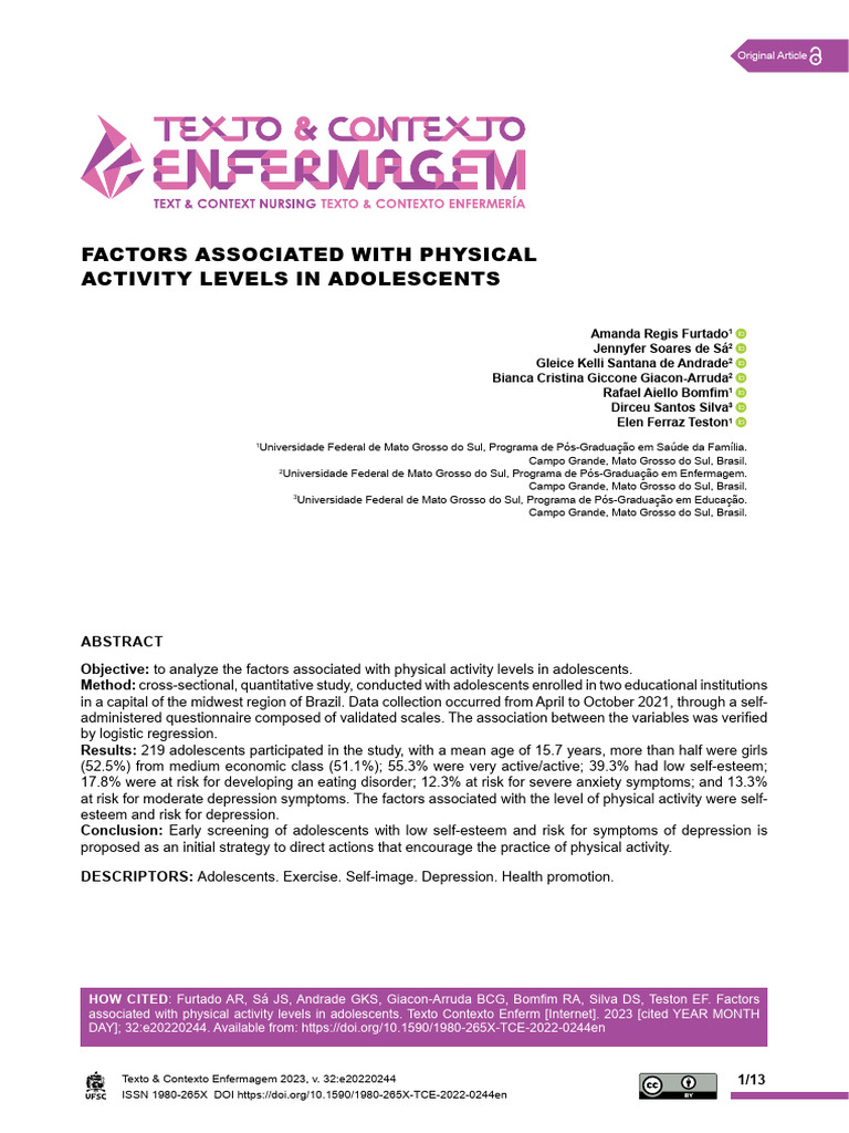 Factors Associated With Physical Activity Levels I | PDF | Self Esteem ...