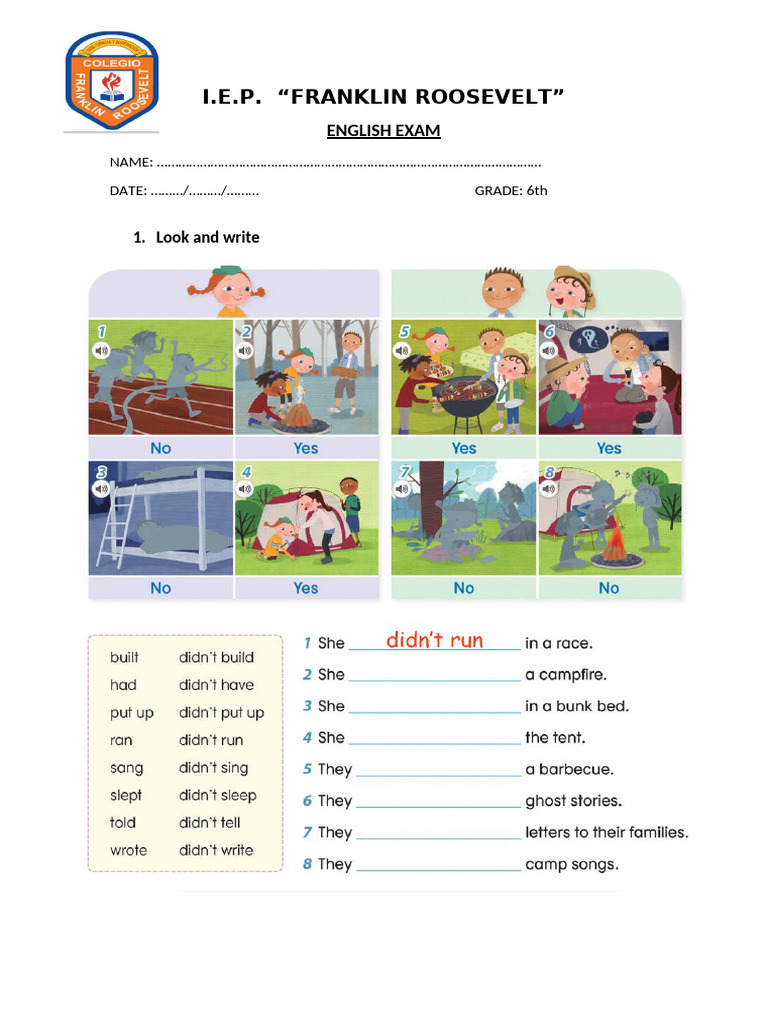 Examen de Inglés 6to Grado I.E.P. Franklin Roosevelt | PDF