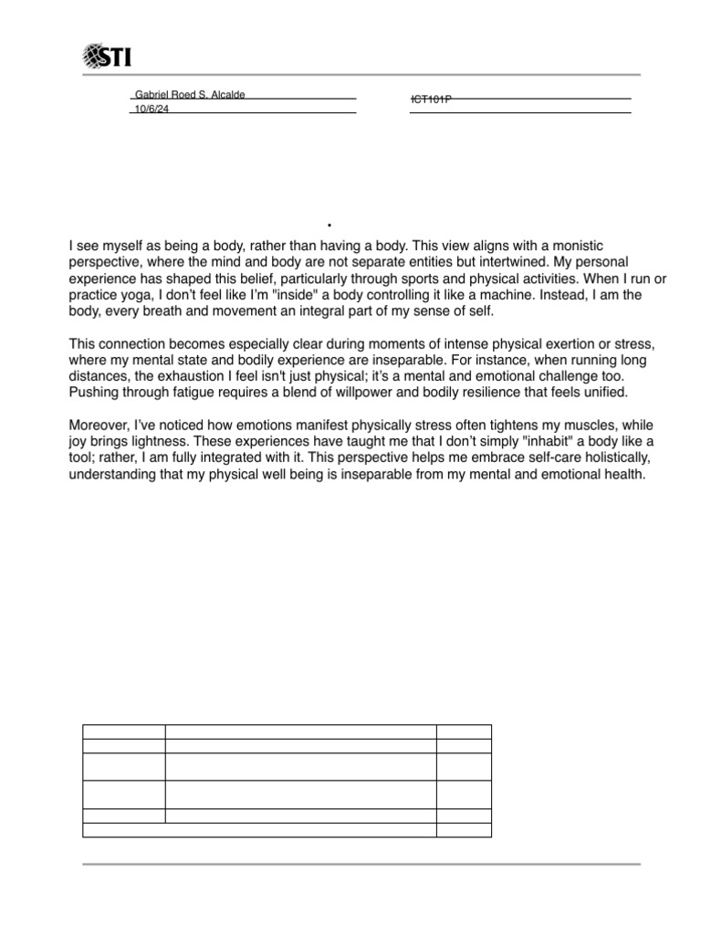 Mind-Body Connection Reflection Worksheet | PDF | Experience | Mind