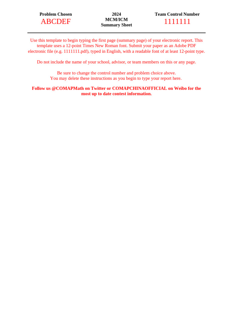 MCM/ICM 2024 Summary Sheet Template | PDF