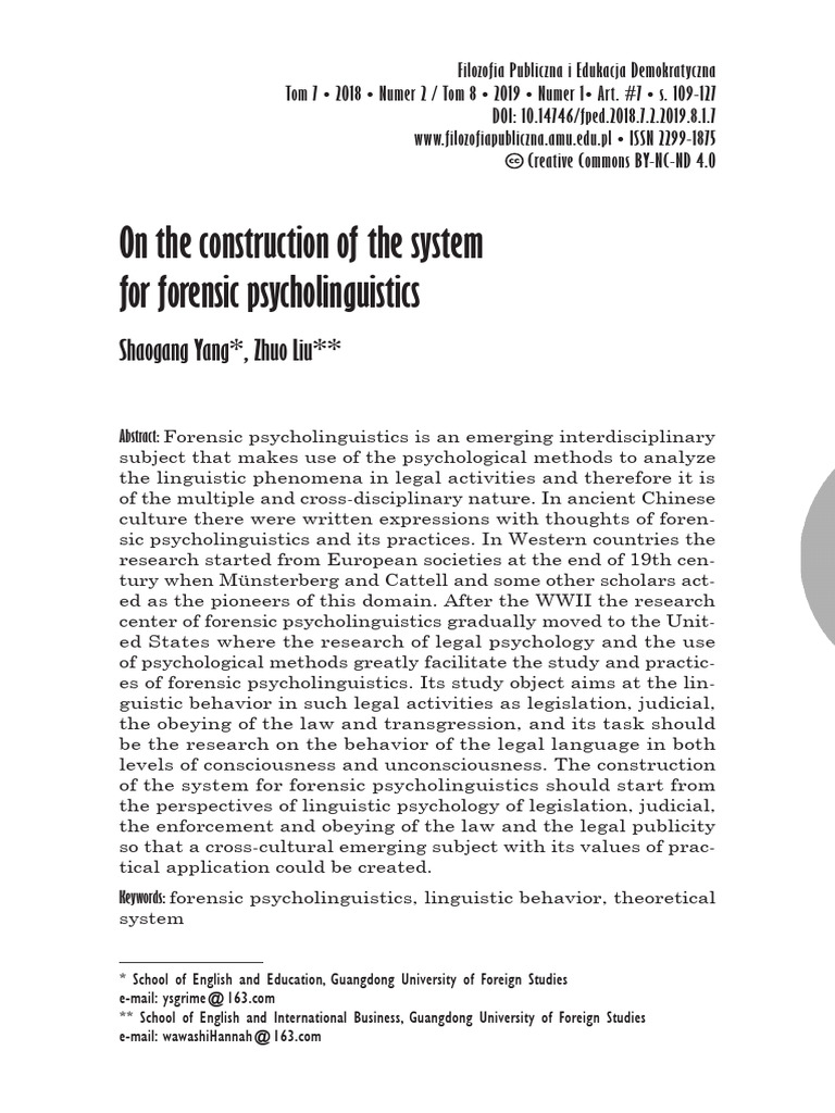 Yang - Liu - Forensic Psycholinguistics | PDF | Psychology | Linguistics