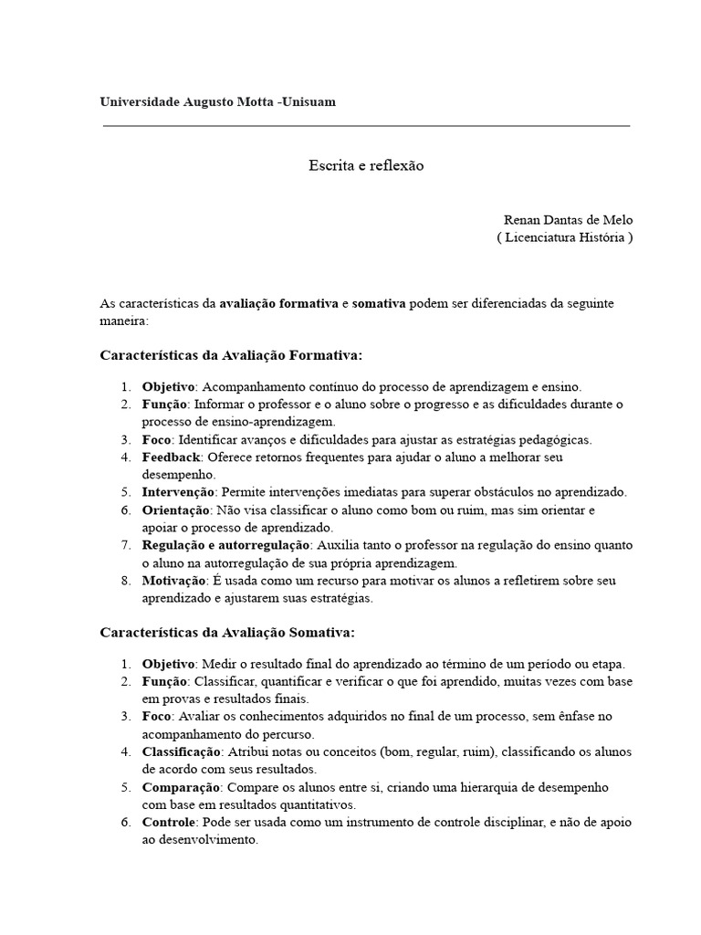 Escrita e Reflexão Avaliação Educacional e Aprendizagem | PDF | Aprendizado