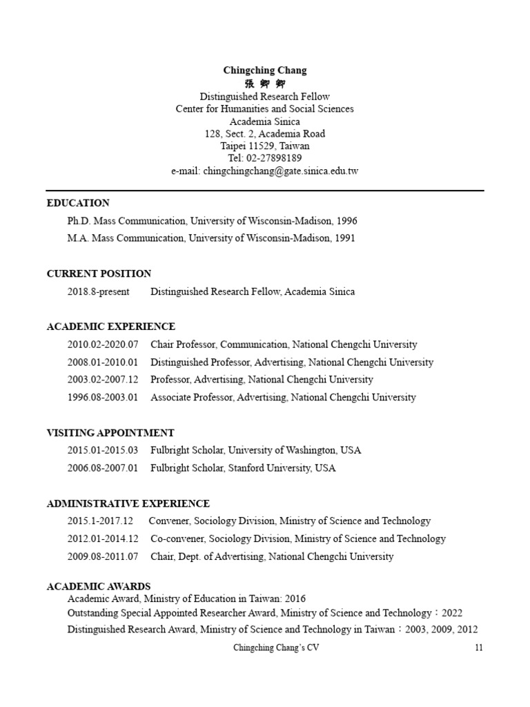 Chingching Chang's Academic CV | PDF | Attitude (Psychology) | Advertising