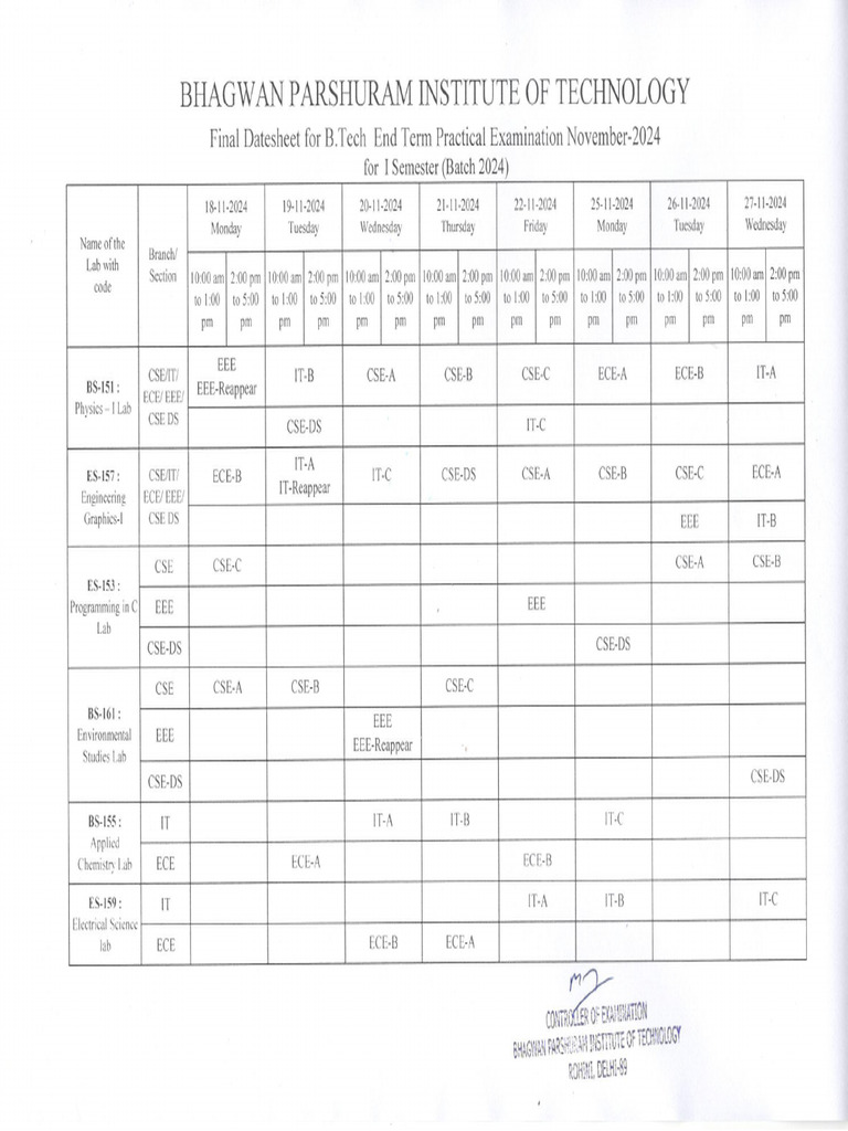 Final Datesheet of End Term Practical Exam (B.Tech) Nov 2024 | PDF