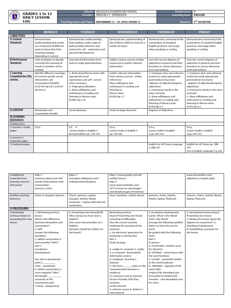 Grade 5 English Daily Lesson Plan | PDF | Allergy | Adjective