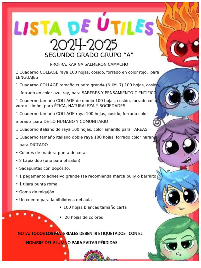 Lista de Utiles Segundo A 2024 2025 | PDF