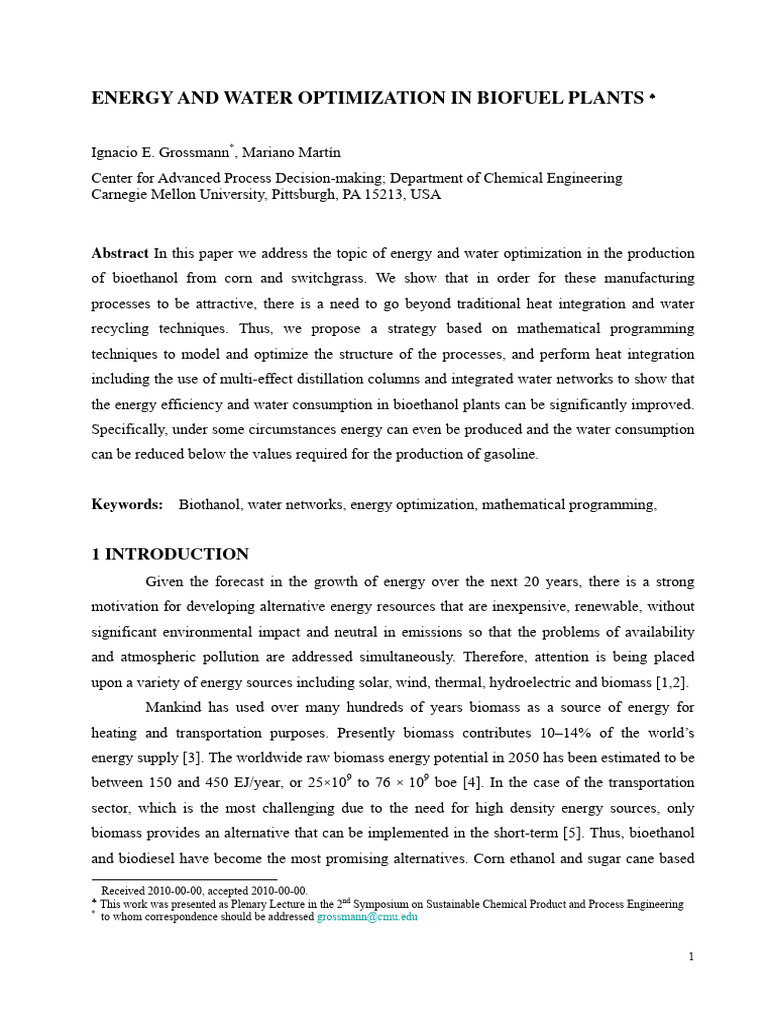 Energy and Water Optimization in Bioethanol | PDF | Biofuel | Water