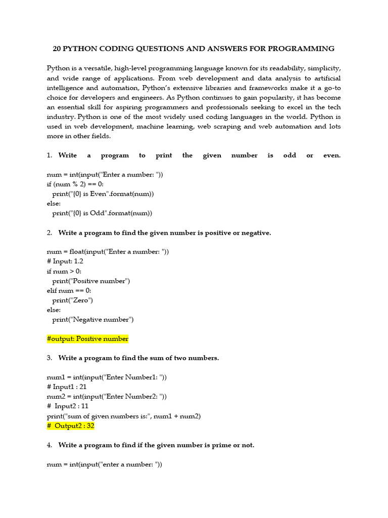 20 Python Coding Questions and Answers For Programming | PDF | Computer ...