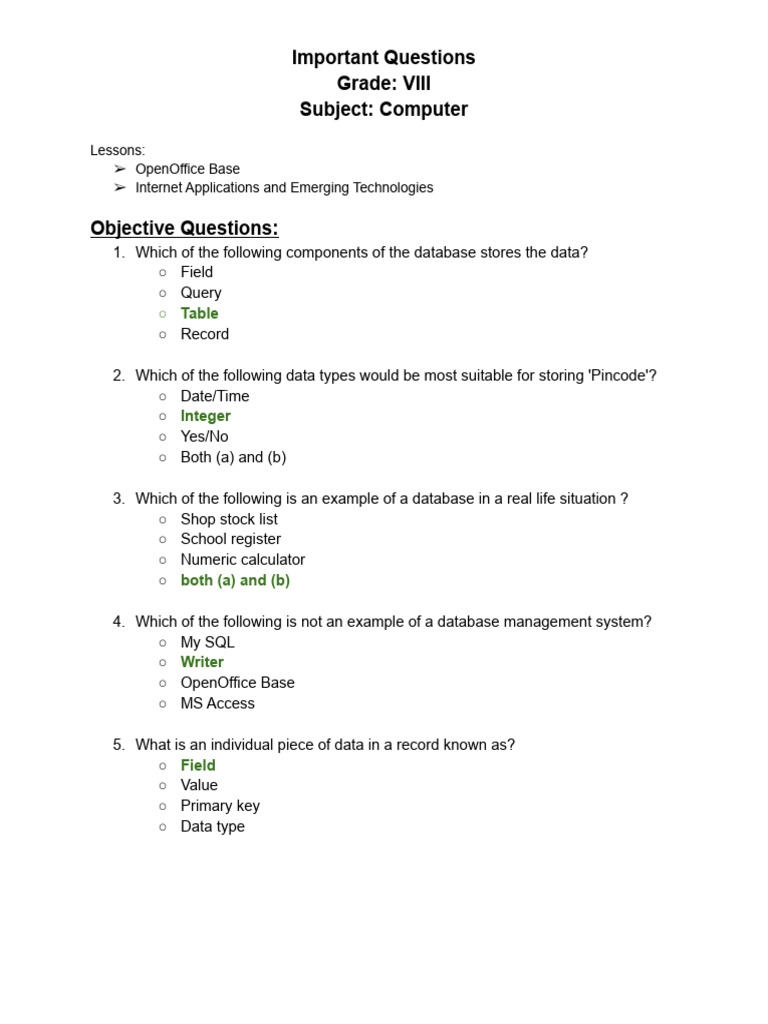 Grade - 8 - PT2 - Important Questions | PDF | Databases | Social ...