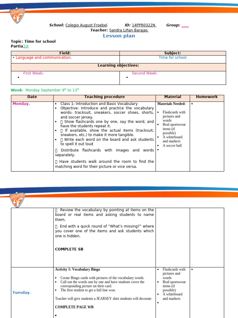 Time for School Lesson Plan | PDF | Linguistics | Learning