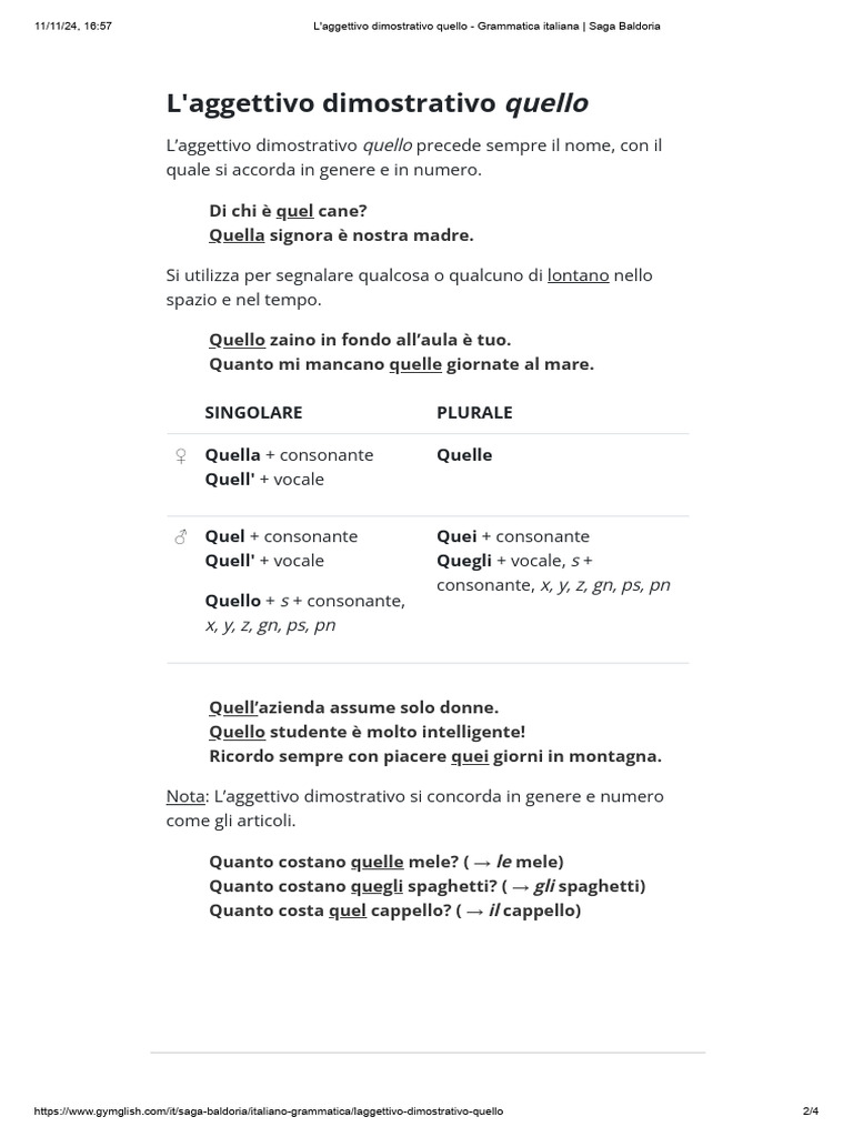 L'aggettivo Dimostrativo Quello - Grammatica Italiana - Saga Baldoria | PDF
