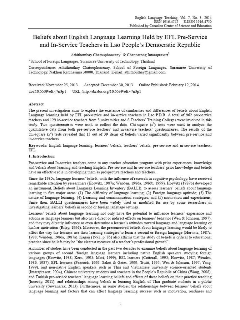 EFL Teachers' Beliefs in Laos: A Study | PDF | Teachers | English As A ...
